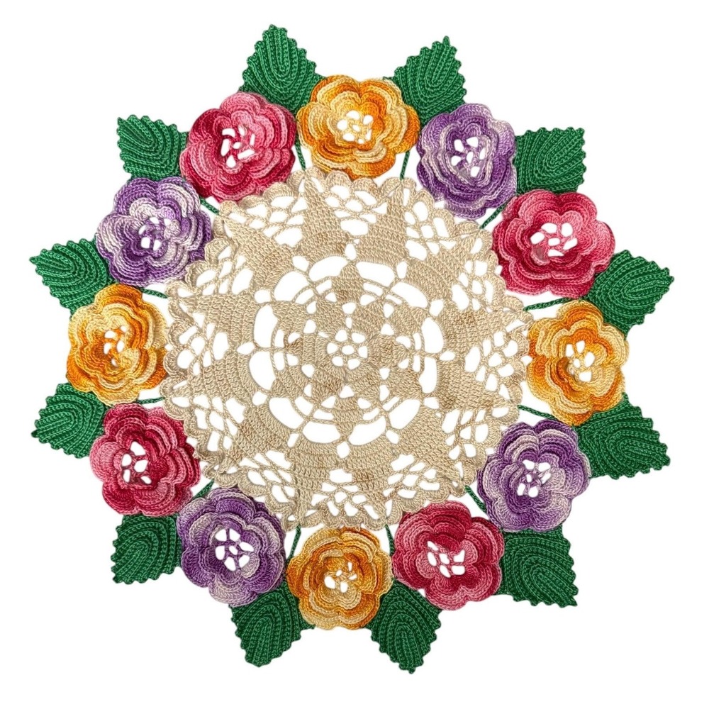 Handmade Crochet Rose Posy Doily 12 Inch Floral Centerpiece Decor